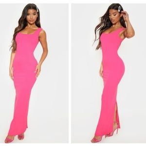 Hot pink square shoulder open back dress